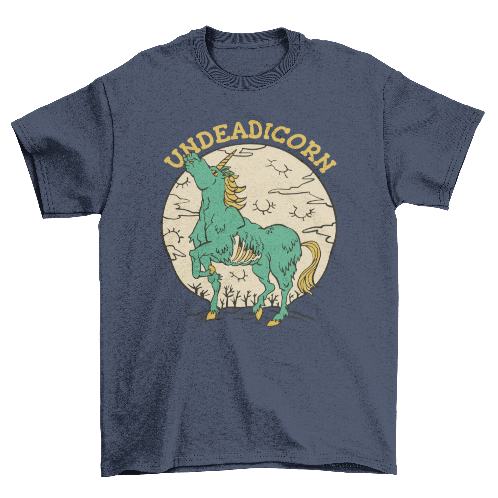 A whimsical t-shirt featuring a unicorn as a zombie with the text 'Undeadicorn', showcasing a colorful and playful design.