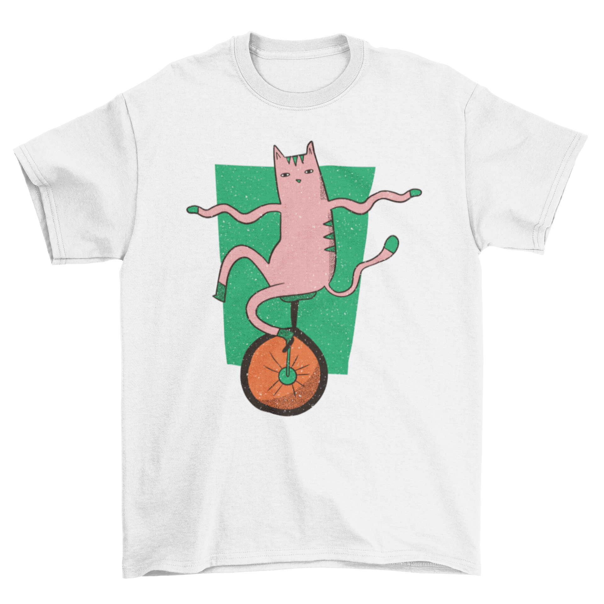 A playful pink cat riding a unicycle on a stylish t-shirt.