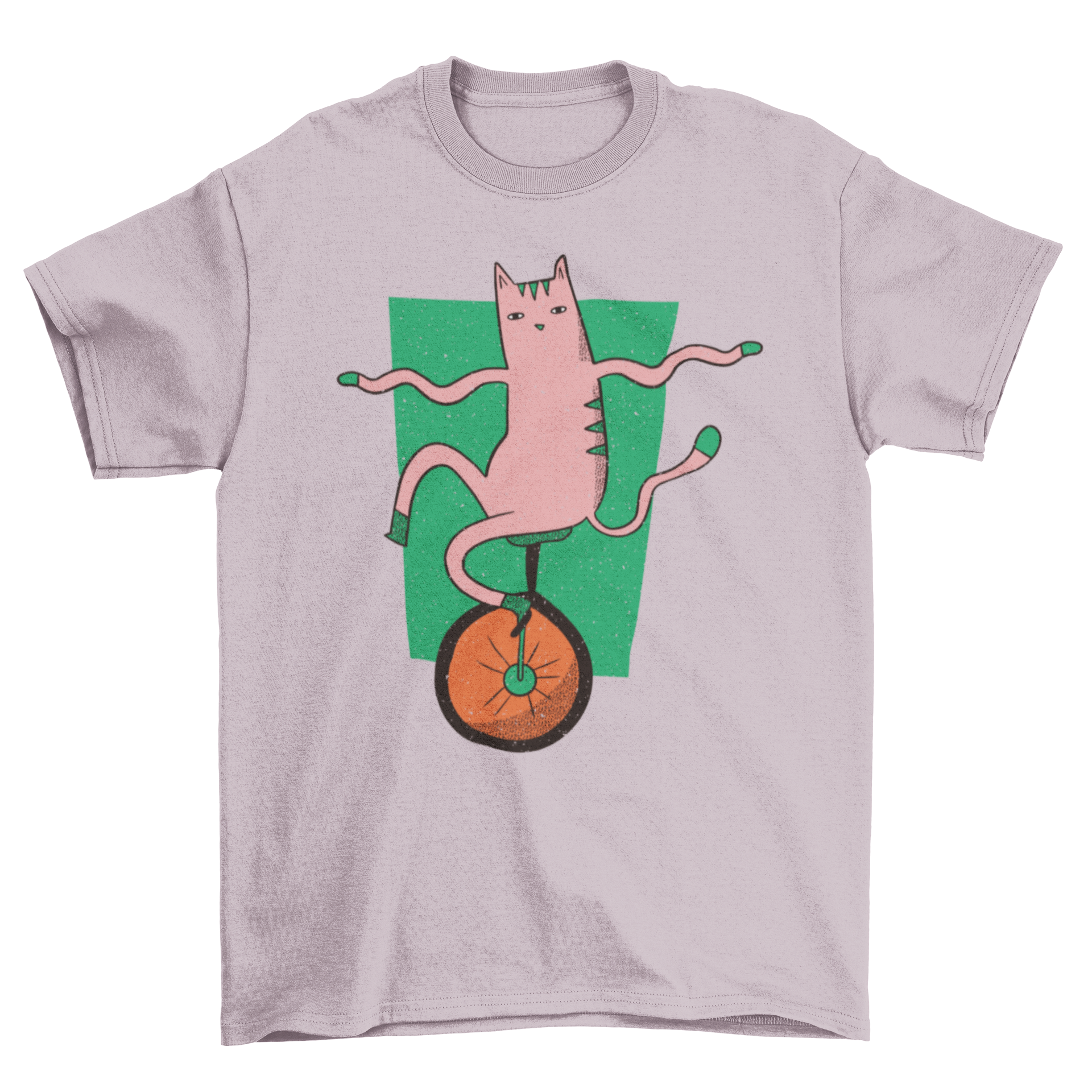 A playful pink cat riding a unicycle on a stylish t-shirt.