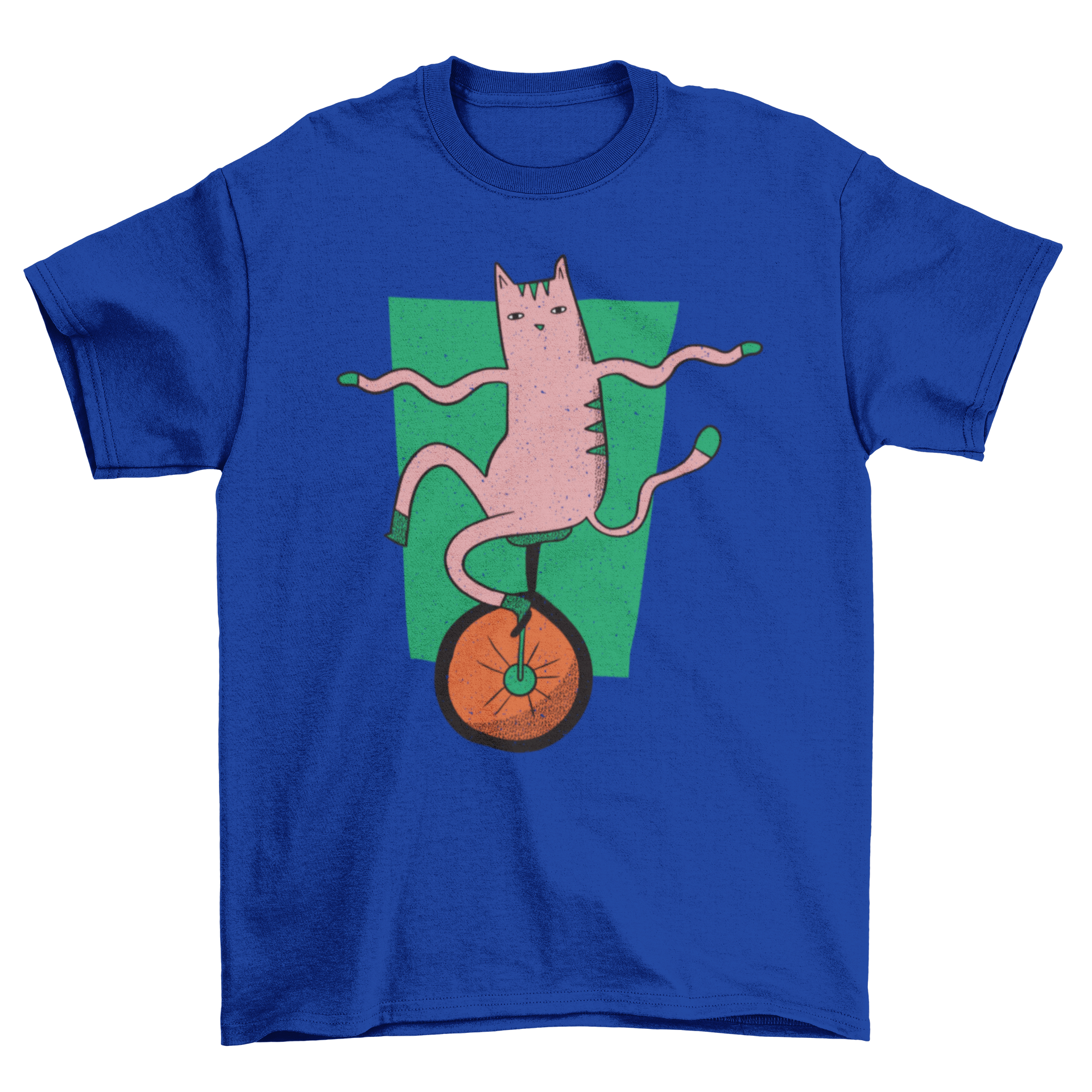 A playful pink cat riding a unicycle on a stylish t-shirt.