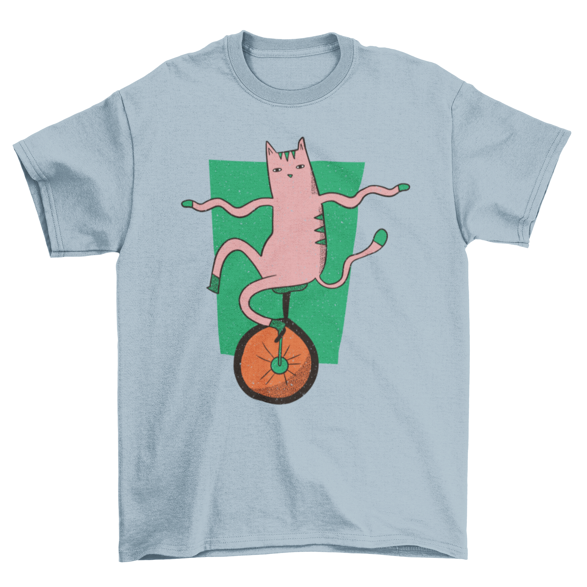 A playful pink cat riding a unicycle on a stylish t-shirt.