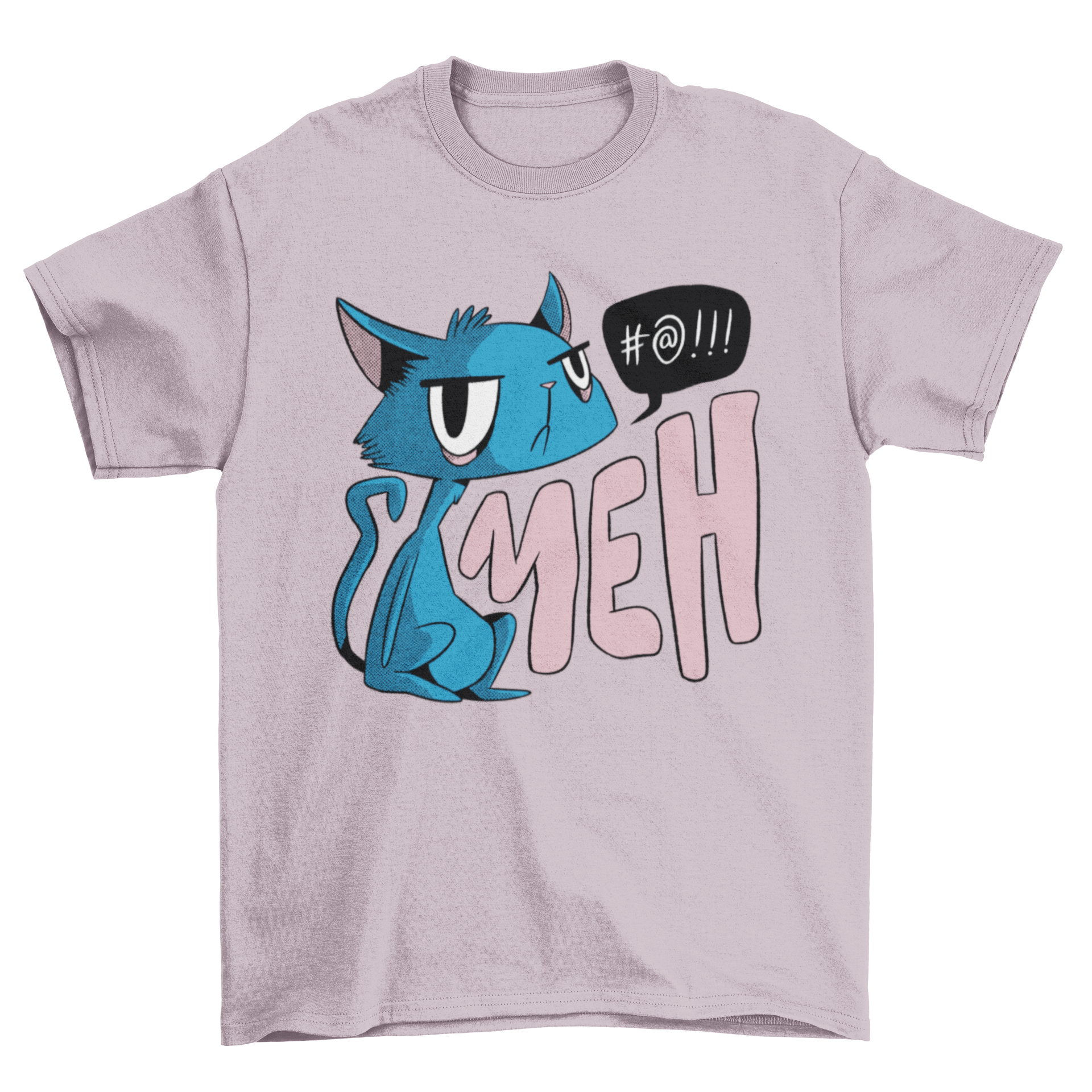 A humorous t-shirt featuring an unimpressed blue cat with the quote 'Meh'.