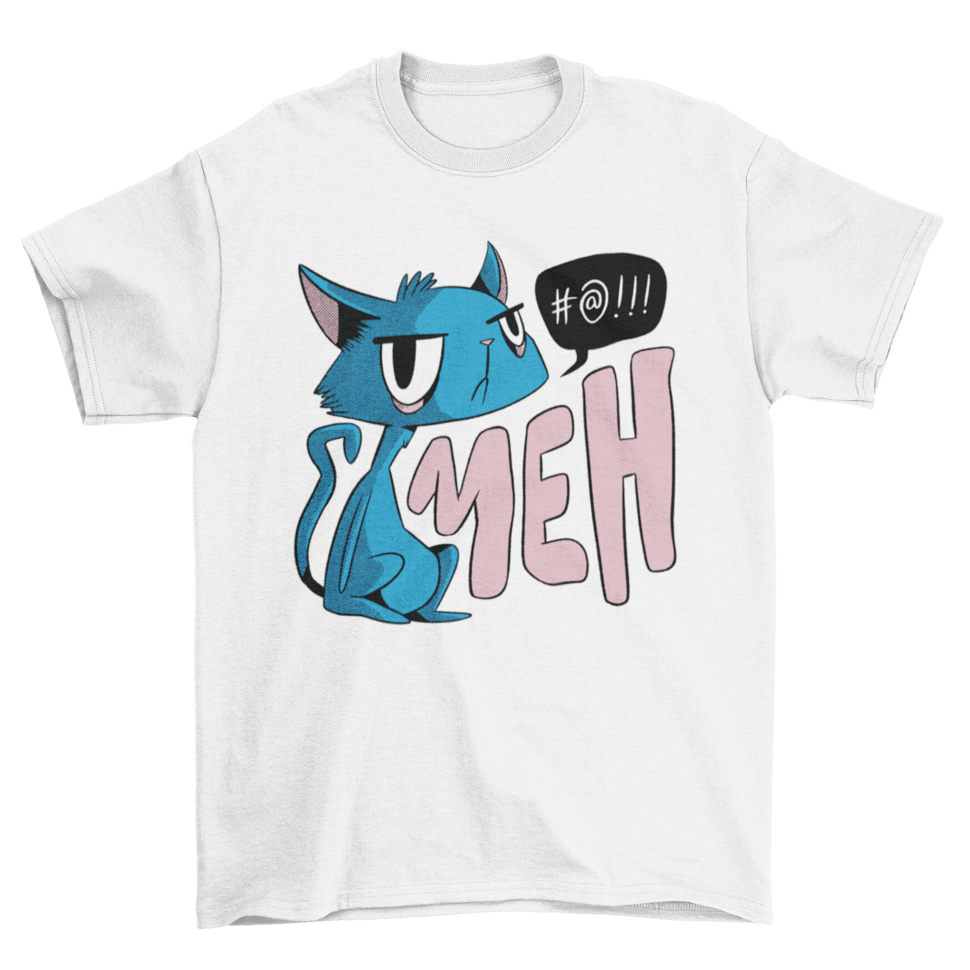 A humorous t-shirt featuring an unimpressed blue cat with the quote 'Meh'.