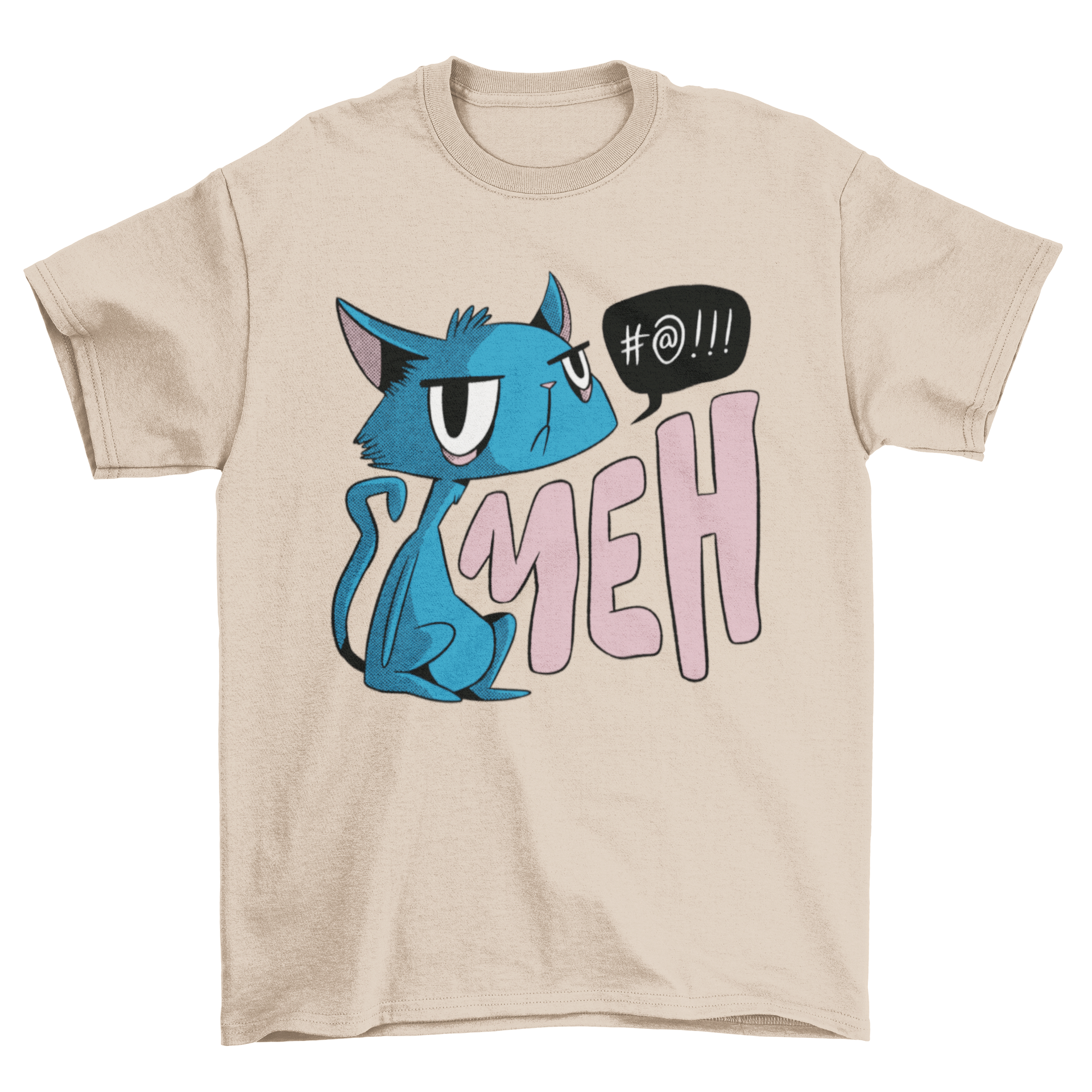 A humorous t-shirt featuring an unimpressed blue cat with the quote 'Meh'.