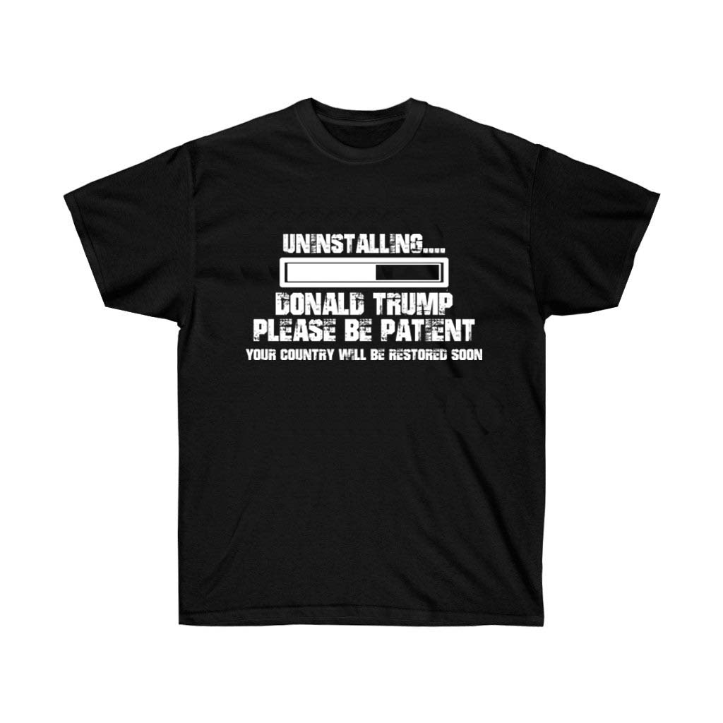 Uninstalling Donald Trump Election T-Shirt featuring a bold vinyl print on soft cotton fabric, designed for unisex wear.