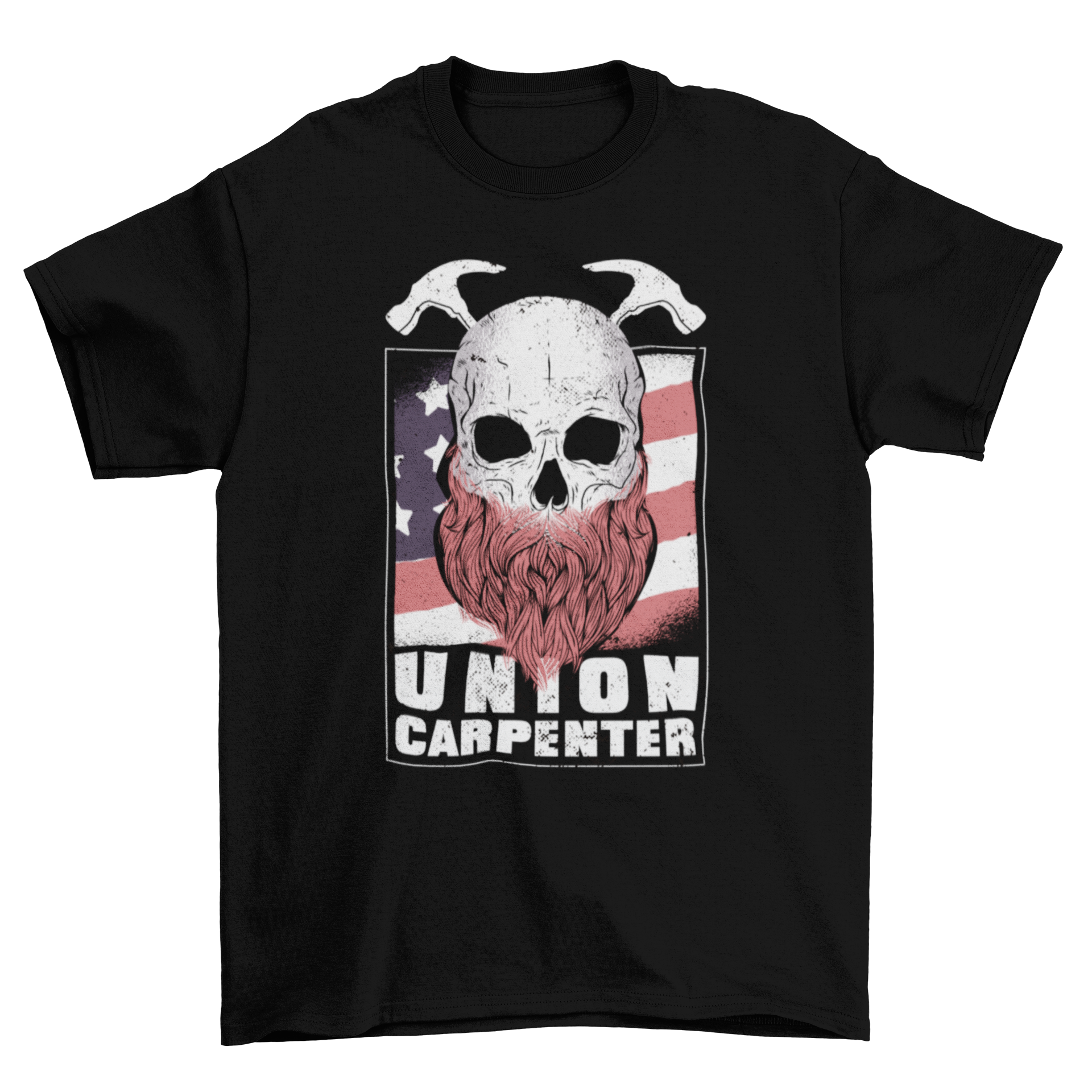 Union carpenter t-shirt featuring a skull with beard, two hammers, and American flag design.