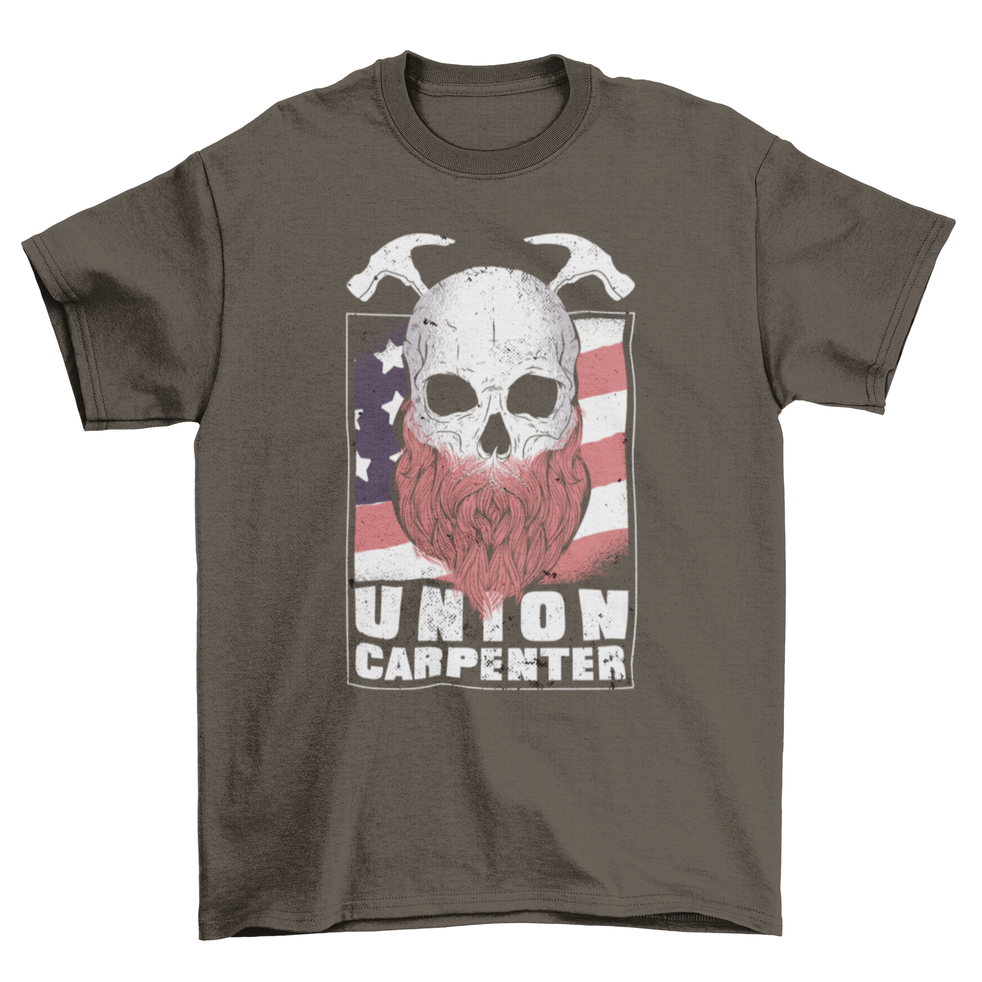 Union carpenter t-shirt featuring a skull with beard, two hammers, and American flag design.