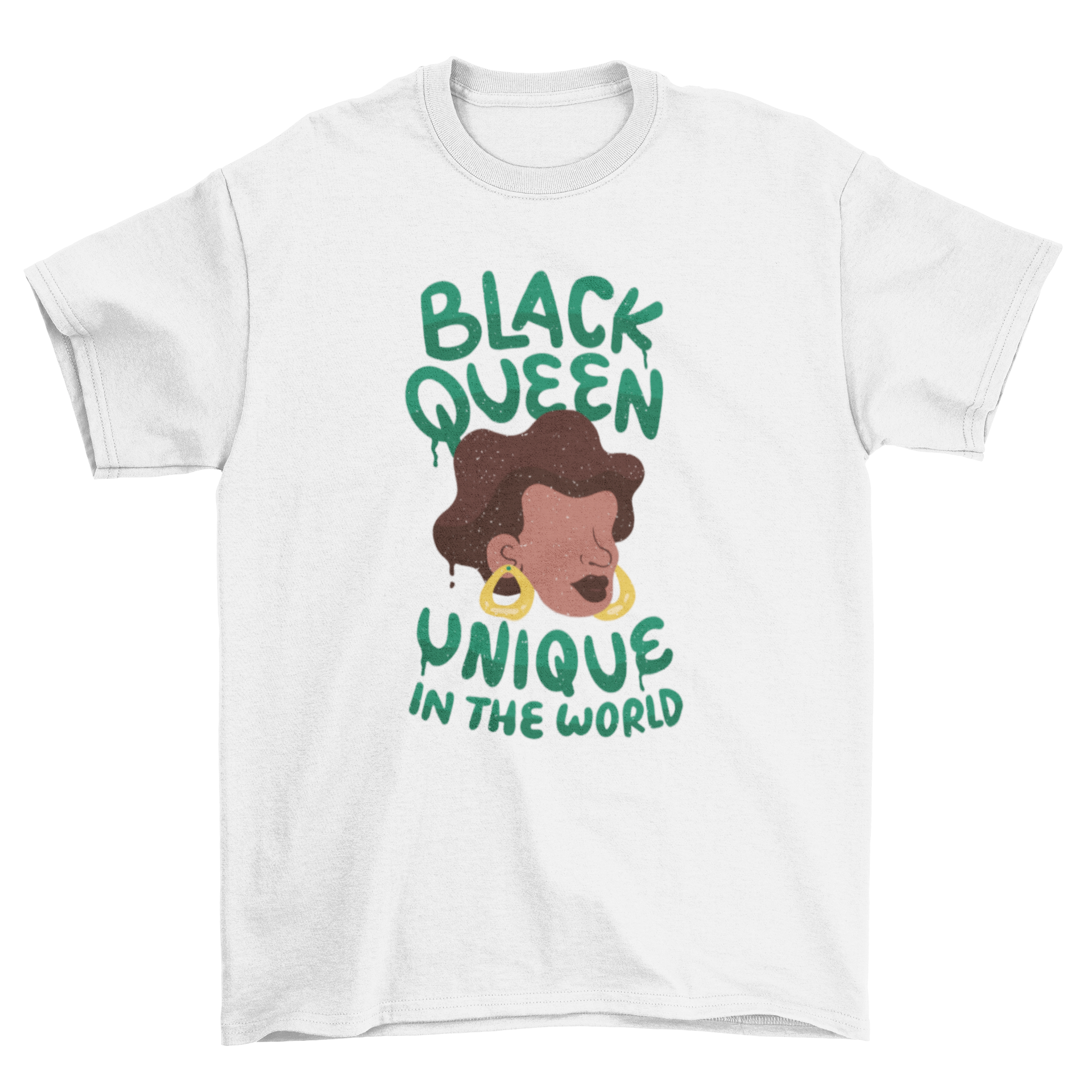 Unique black queen t-shirt featuring a woman's face and empowering quote.