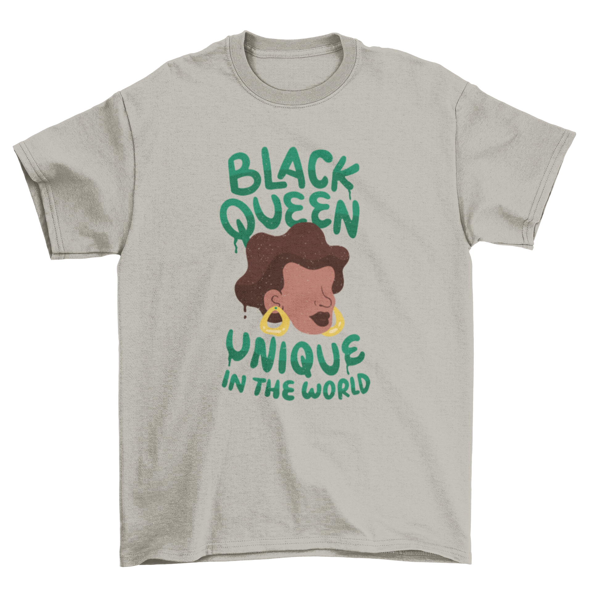 Unique black queen t-shirt featuring a woman's face and empowering quote.