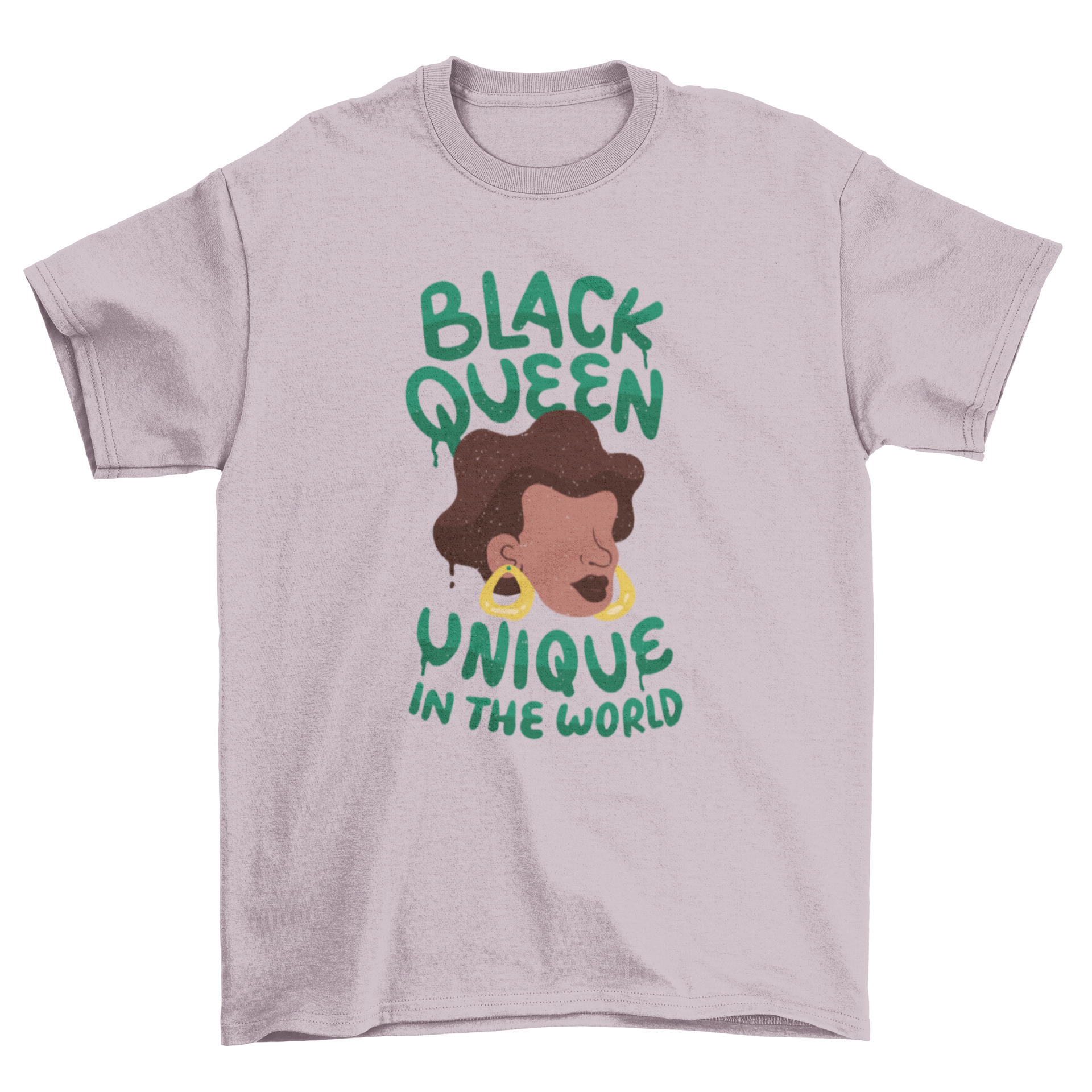 Unique black queen t-shirt featuring a woman's face and empowering quote.