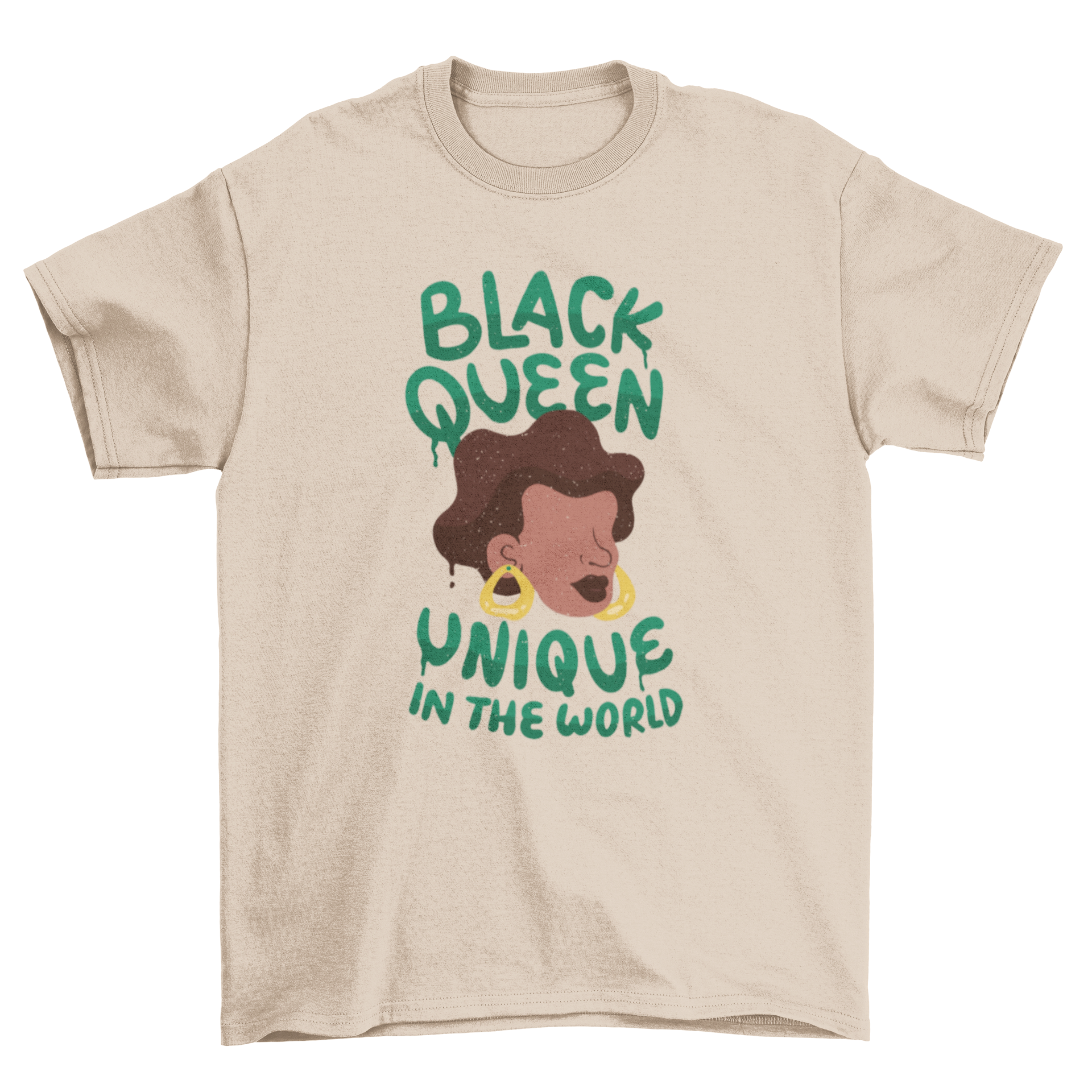 Unique black queen t-shirt featuring a woman's face and empowering quote.