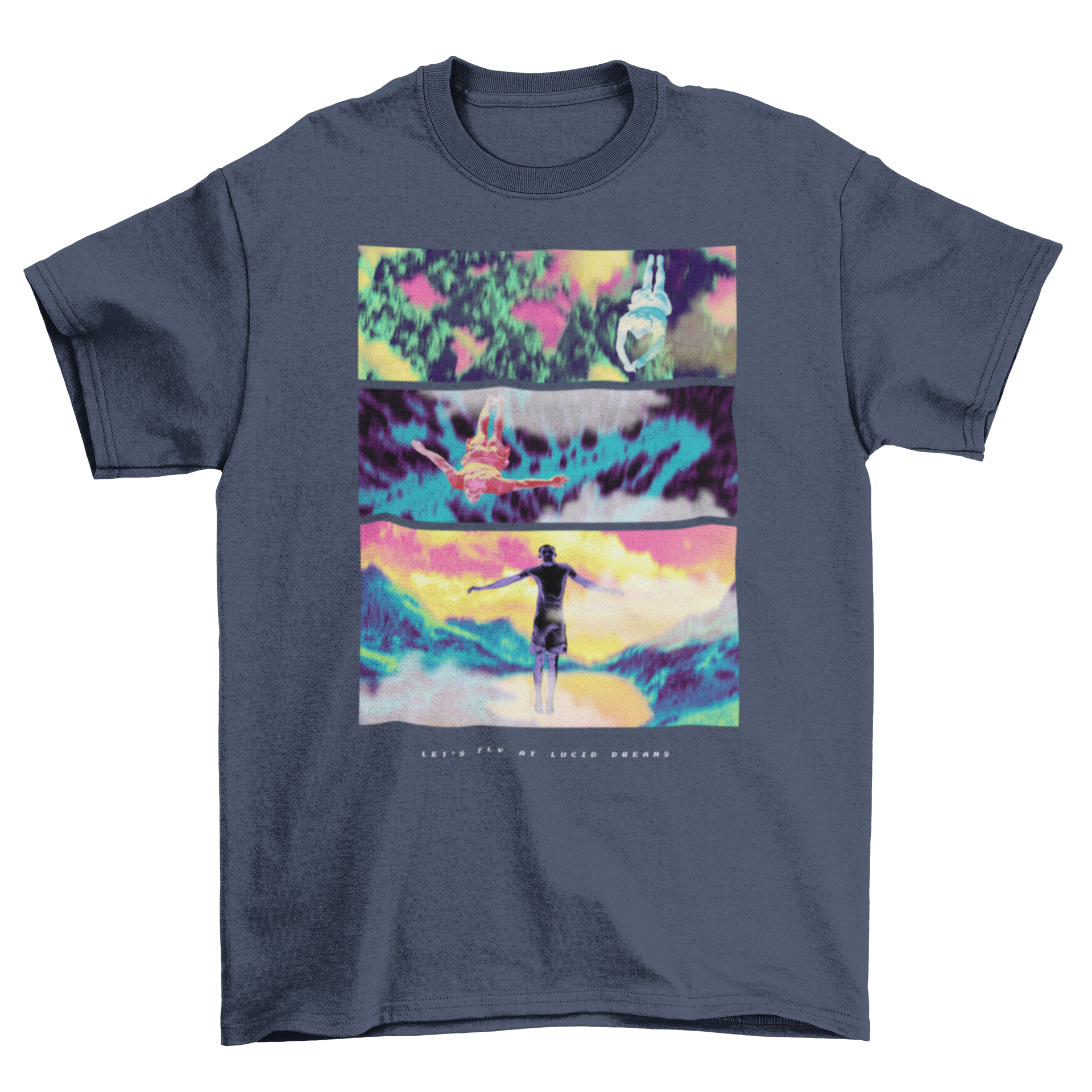 A vibrant t-shirt featuring psychedelic landscapes with people flying, showcasing colorful and artistic designs.