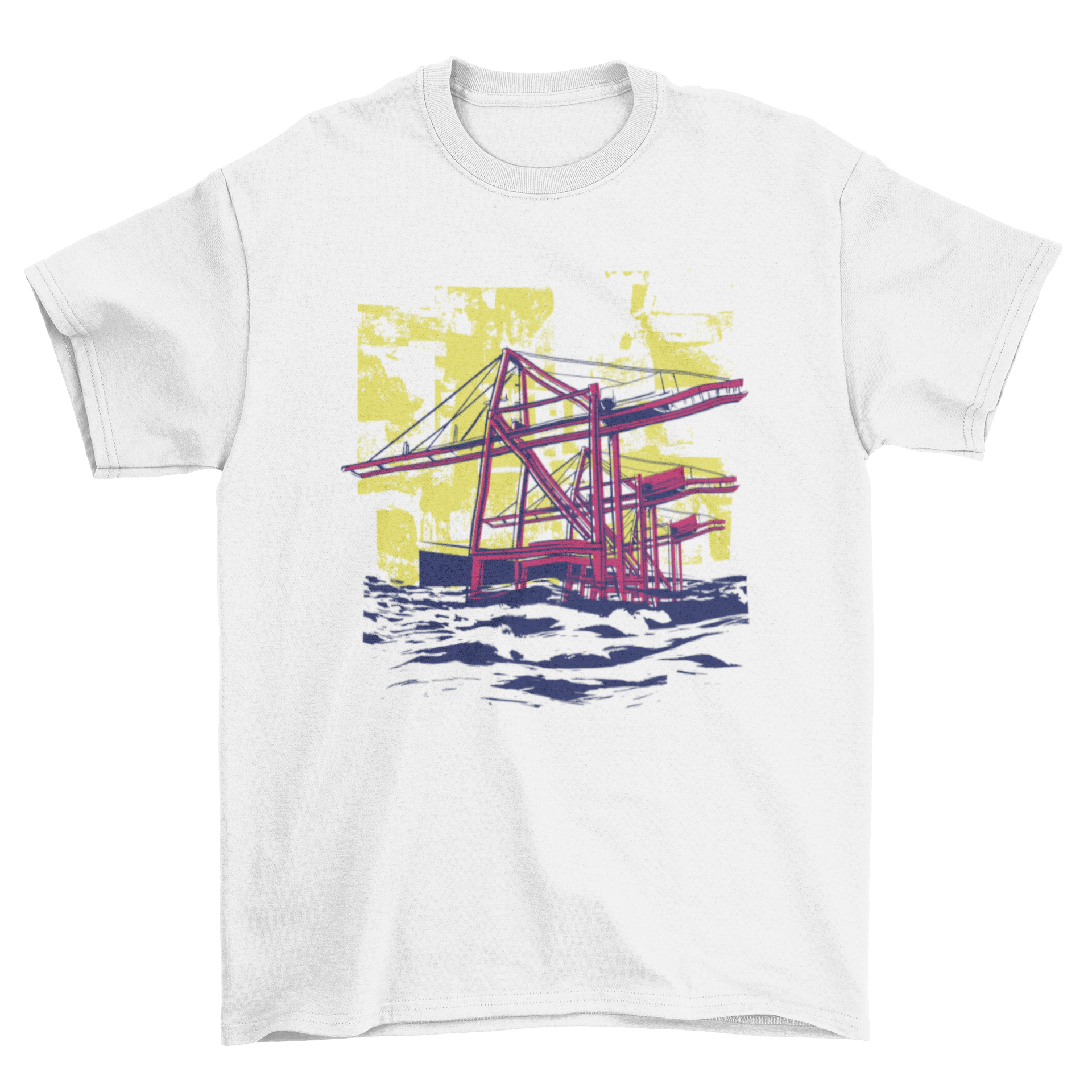 A stylish t-shirt featuring a unique design of construction cranes, perfect for construction enthusiasts.