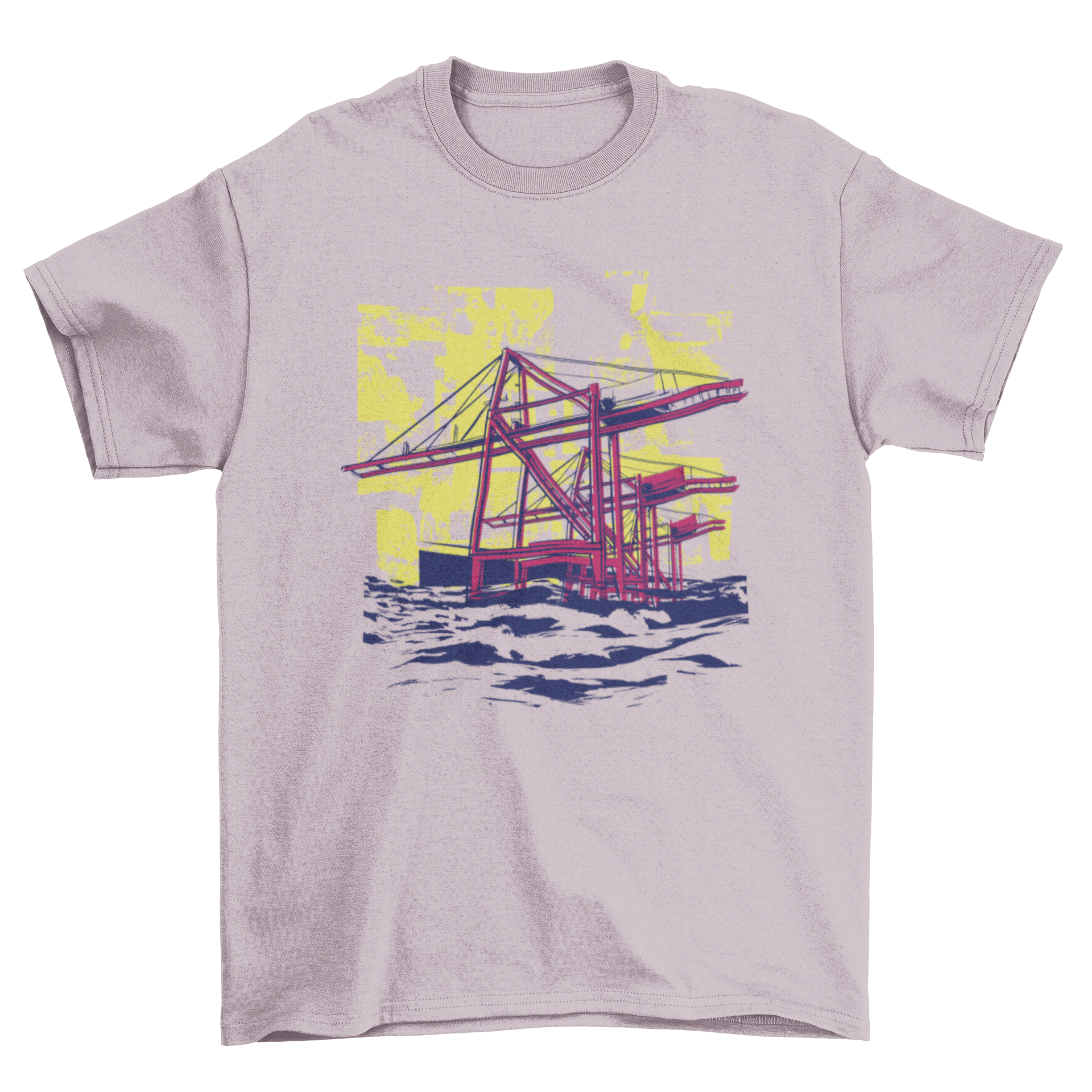 A stylish t-shirt featuring a unique design of construction cranes, perfect for construction enthusiasts.