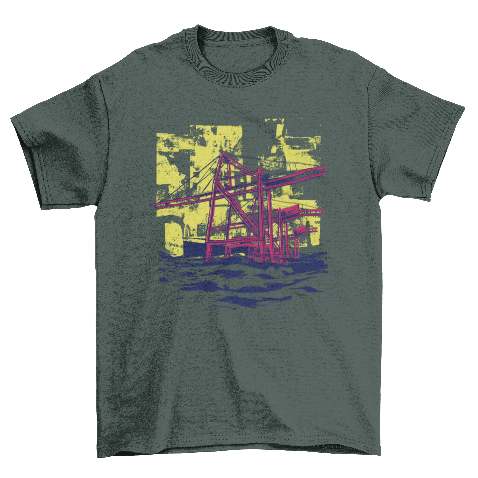 A stylish t-shirt featuring a unique design of construction cranes, perfect for construction enthusiasts.