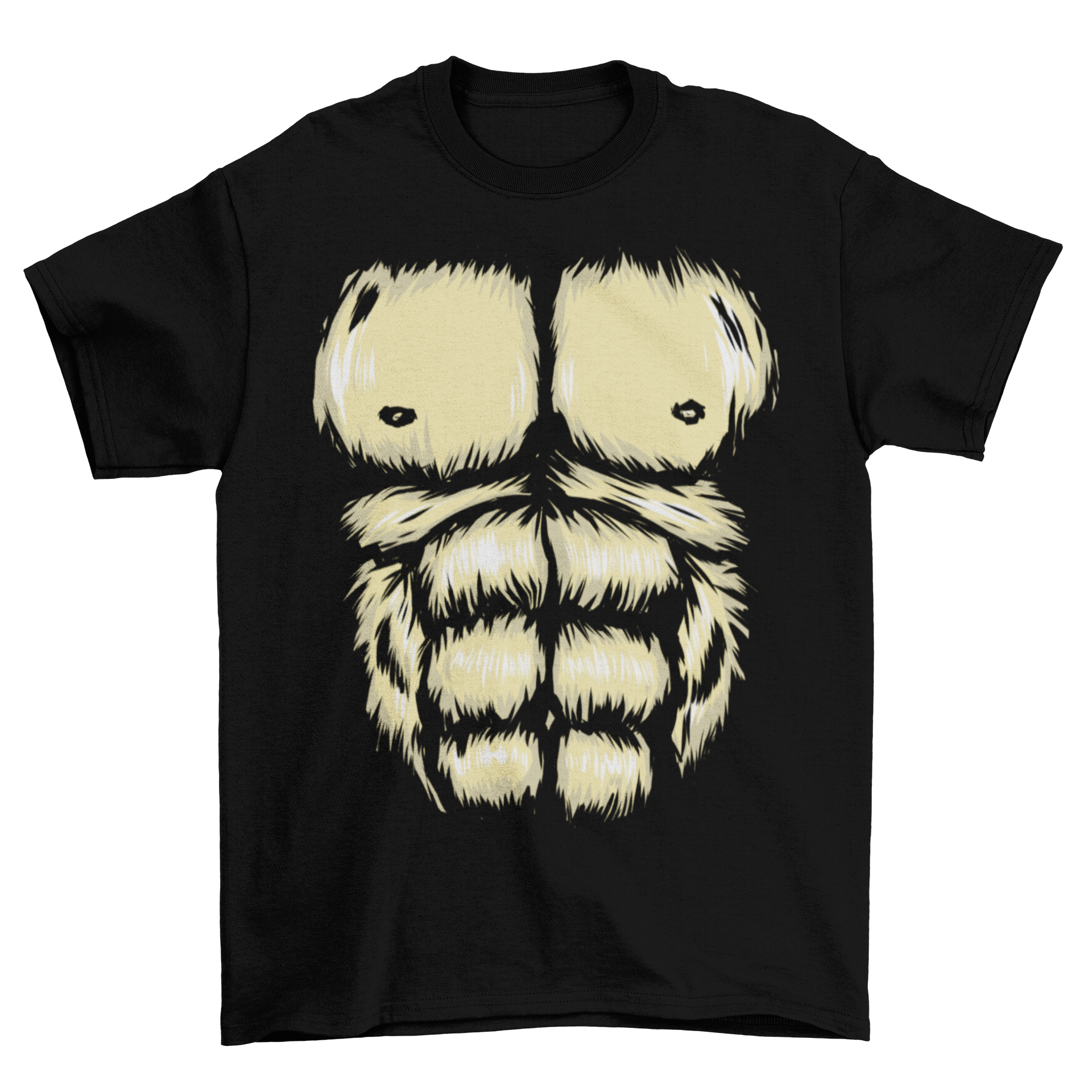 Funny gorilla t-shirt featuring an illustration of a gorilla's chest and belly on a black background, perfect for Halloween costumes.