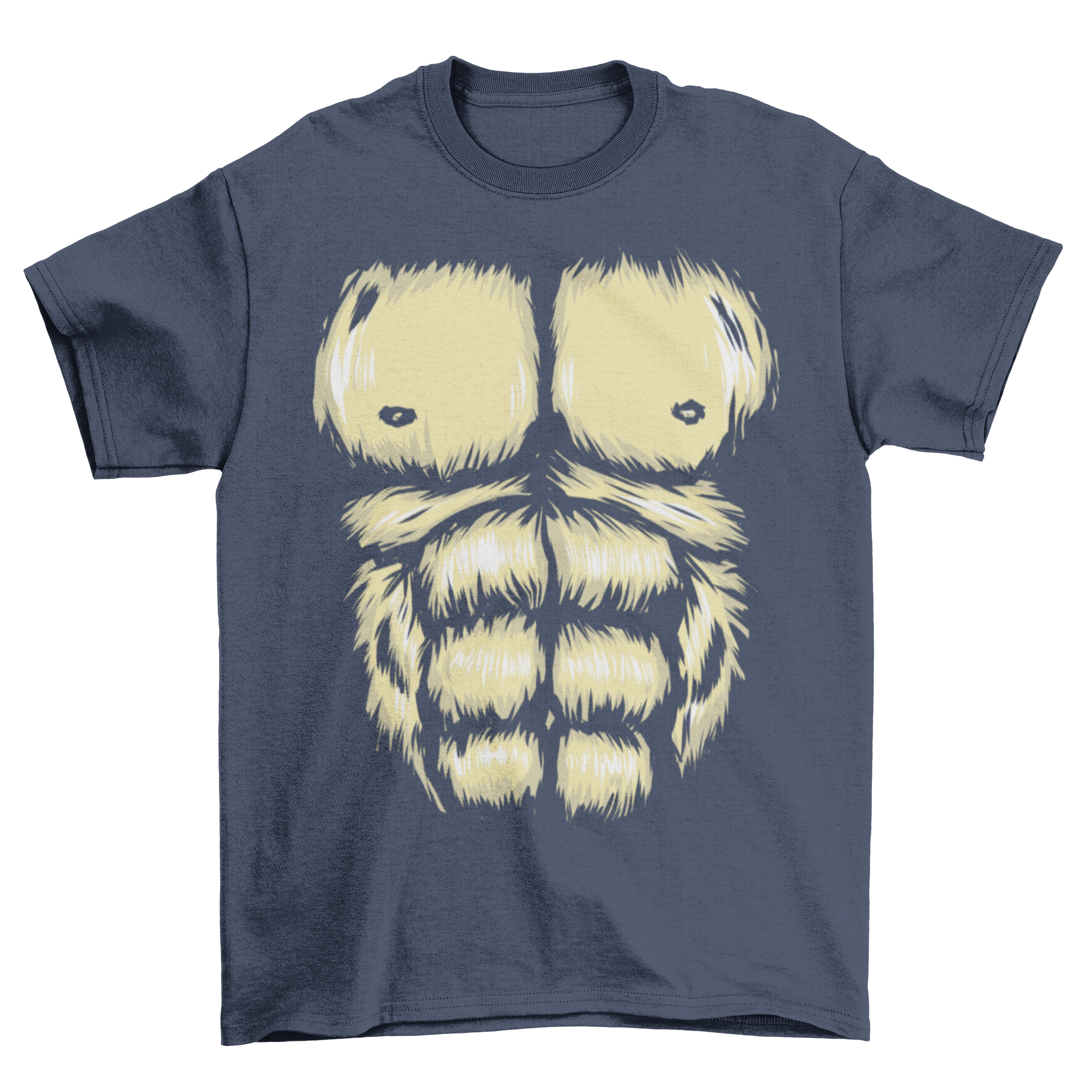 Funny gorilla t-shirt featuring an illustration of a gorilla's chest and belly on a black background, perfect for Halloween costumes.