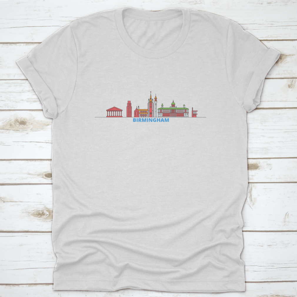 Flat vector design of Birmingham cityscape, showcasing iconic buildings and skyline in a stylish travel-themed artwork.