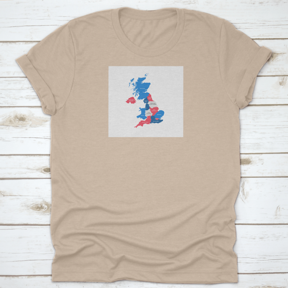 A comfortable cotton shirt featuring a detailed map of the United Kingdom regions, perfect for travel enthusiasts.