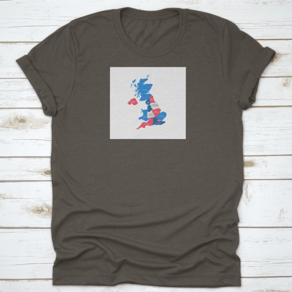 A comfortable cotton shirt featuring a detailed map of the United Kingdom regions, perfect for travel enthusiasts.