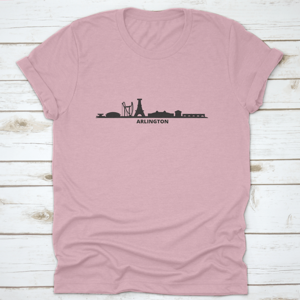 Black t-shirt featuring the Arlington City Skyline design, made from 100% cotton for comfort and style.