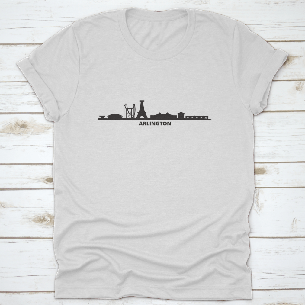 Black t-shirt featuring the Arlington City Skyline design, made from 100% cotton for comfort and style.