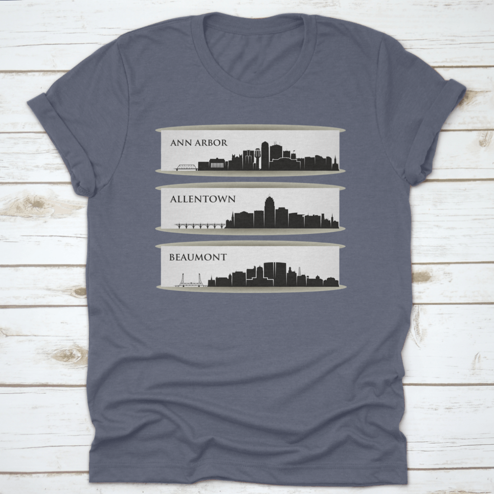 A stylish t-shirt featuring the skyline of Ann Arbor, Michigan, made from 100% cotton with a classic fit.