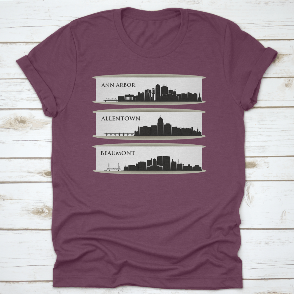 A stylish t-shirt featuring the skyline of Ann Arbor, Michigan, made from 100% cotton with a classic fit.