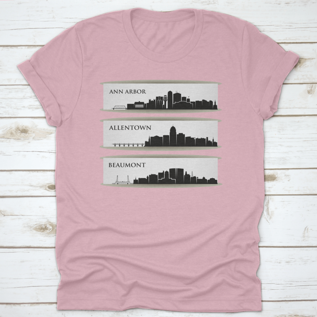 A stylish t-shirt featuring the skyline of Ann Arbor, Michigan, made from 100% cotton with a classic fit.