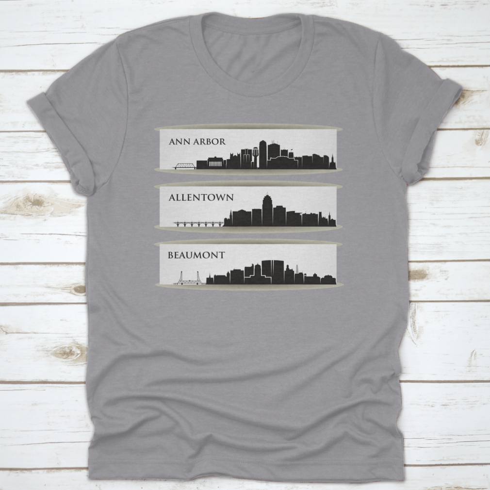 A stylish t-shirt featuring the skyline of Ann Arbor, Michigan, made from 100% cotton with a classic fit.