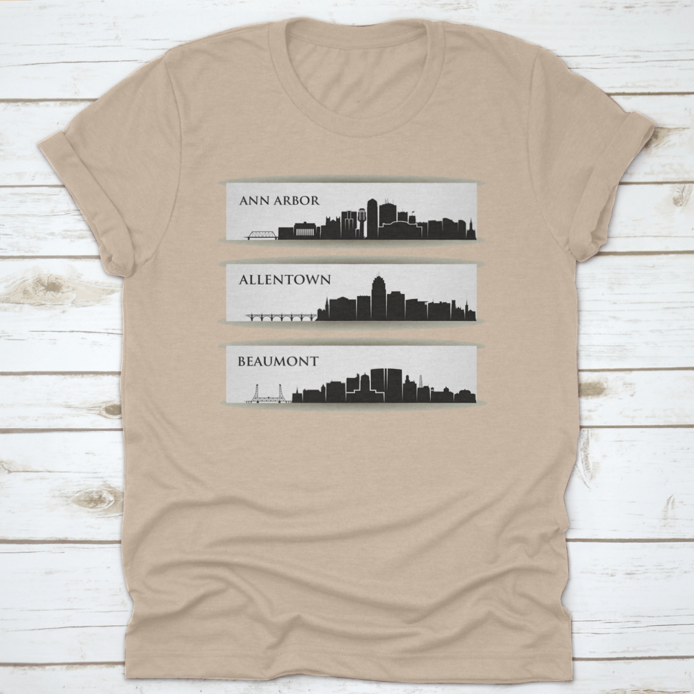 A stylish t-shirt featuring the skyline of Ann Arbor, Michigan, made from 100% cotton with a classic fit.