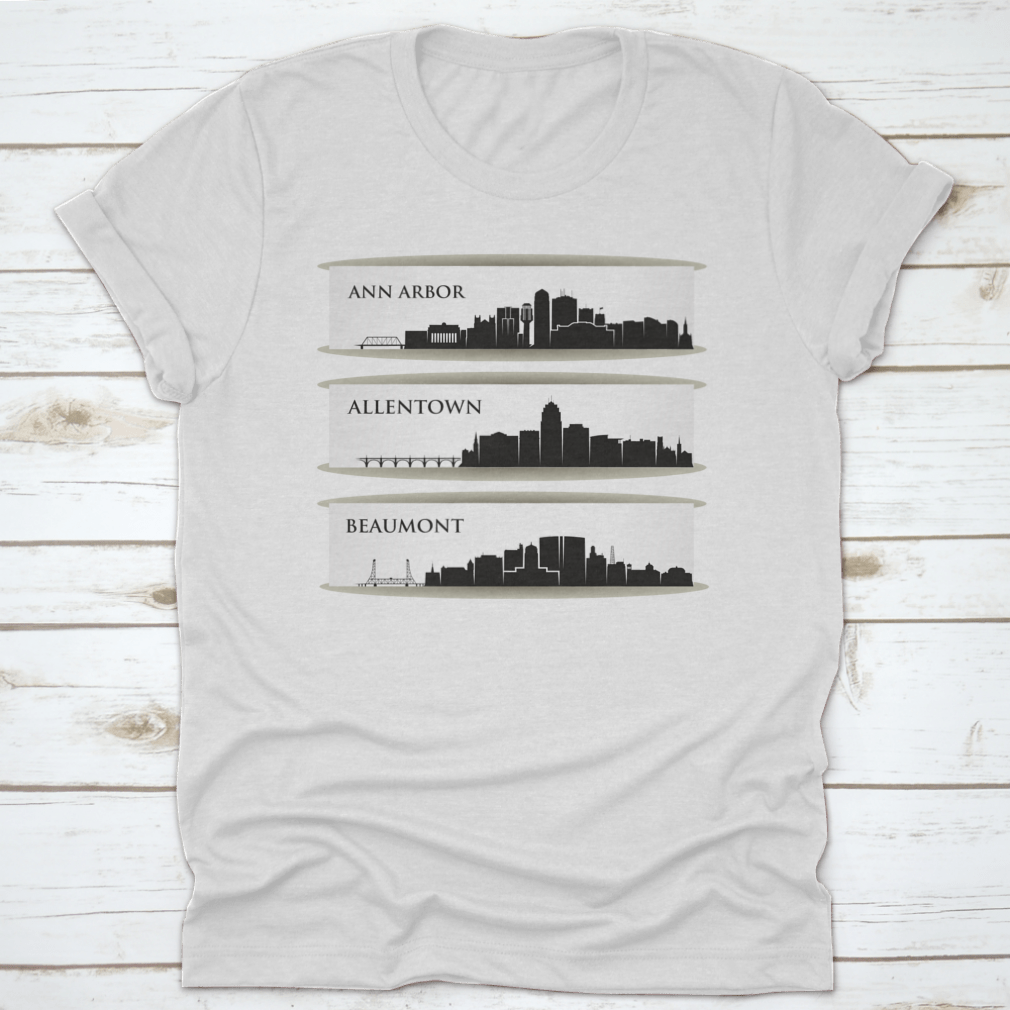 A stylish t-shirt featuring the skyline of Ann Arbor, Michigan, made from 100% cotton with a classic fit.