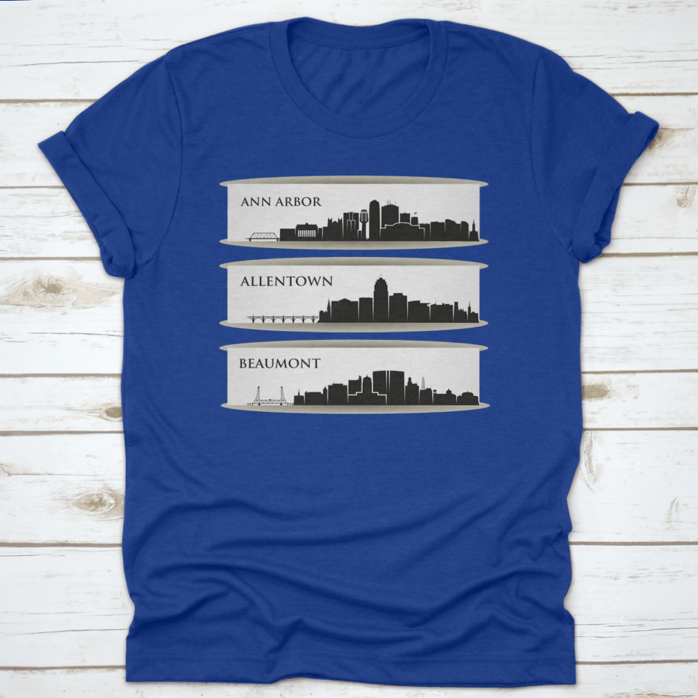 A stylish t-shirt featuring the skyline of Ann Arbor, Michigan, made from 100% cotton with a classic fit.