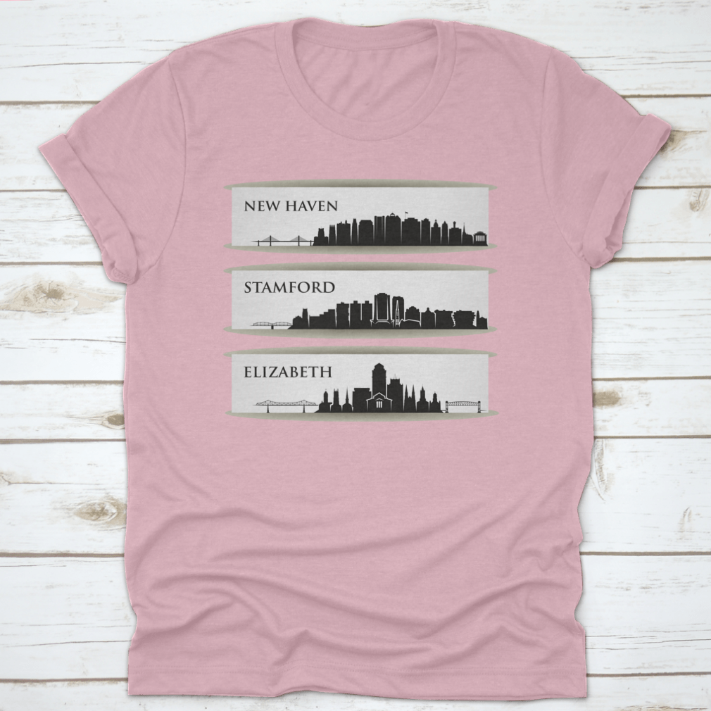 A stylish cotton shirt featuring the skyline of New Haven, Connecticut, showcasing its vibrant cityscape.