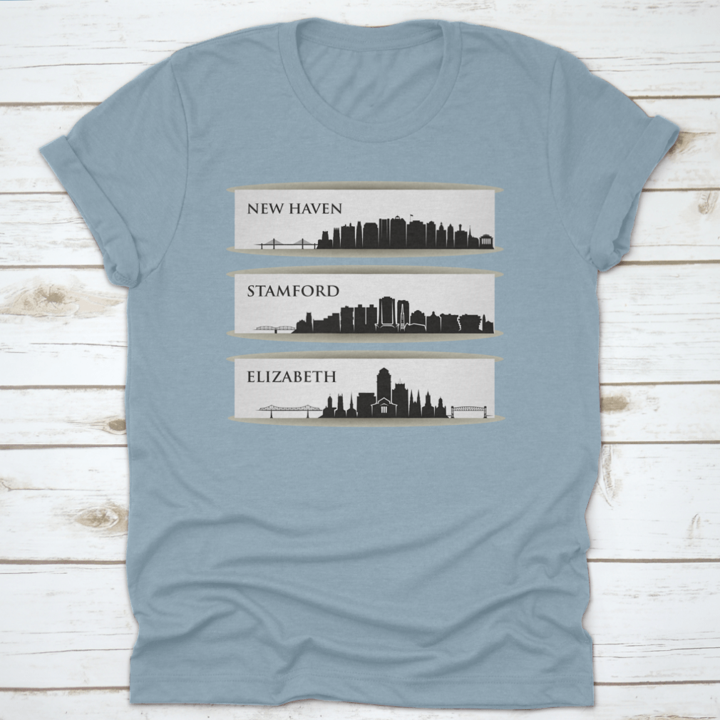 A stylish cotton shirt featuring the skyline of New Haven, Connecticut, showcasing its vibrant cityscape.