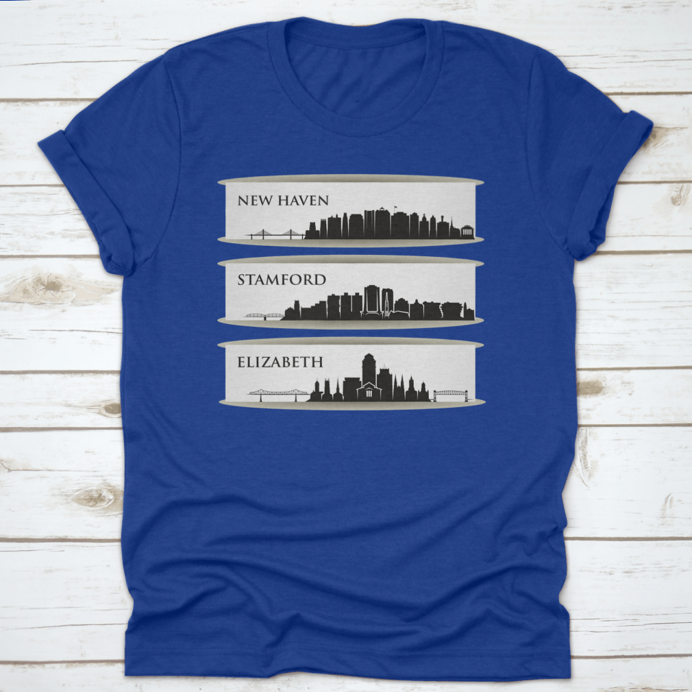 A stylish cotton shirt featuring the skyline of New Haven, Connecticut, showcasing its vibrant cityscape.