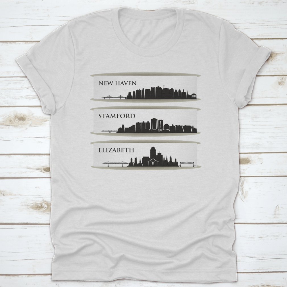 A stylish cotton shirt featuring the skyline of New Haven, Connecticut, showcasing its vibrant cityscape.