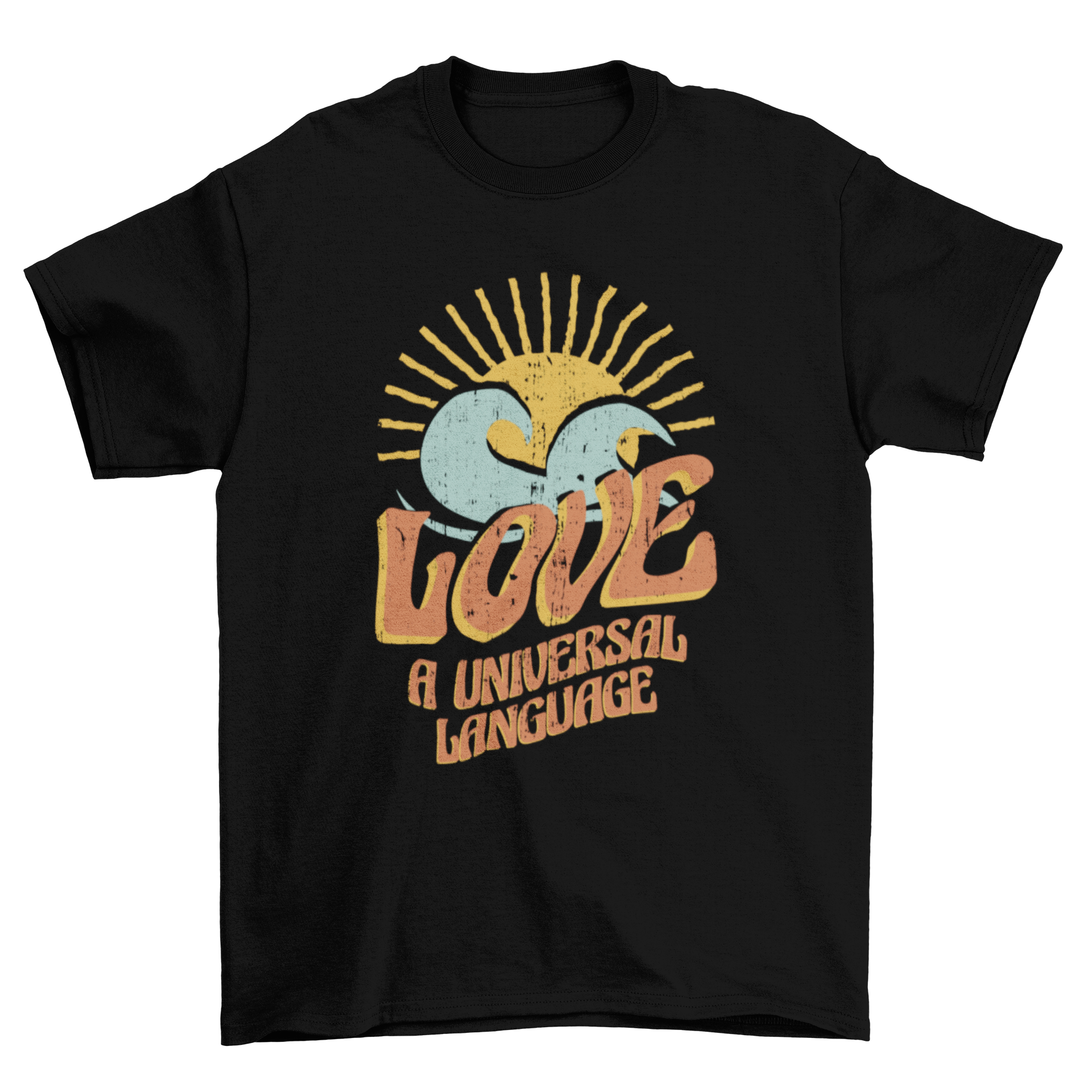 Universal Language T-Shirt featuring retro wavy lettering with the quote 'Love, a universal language' in vibrant colors.