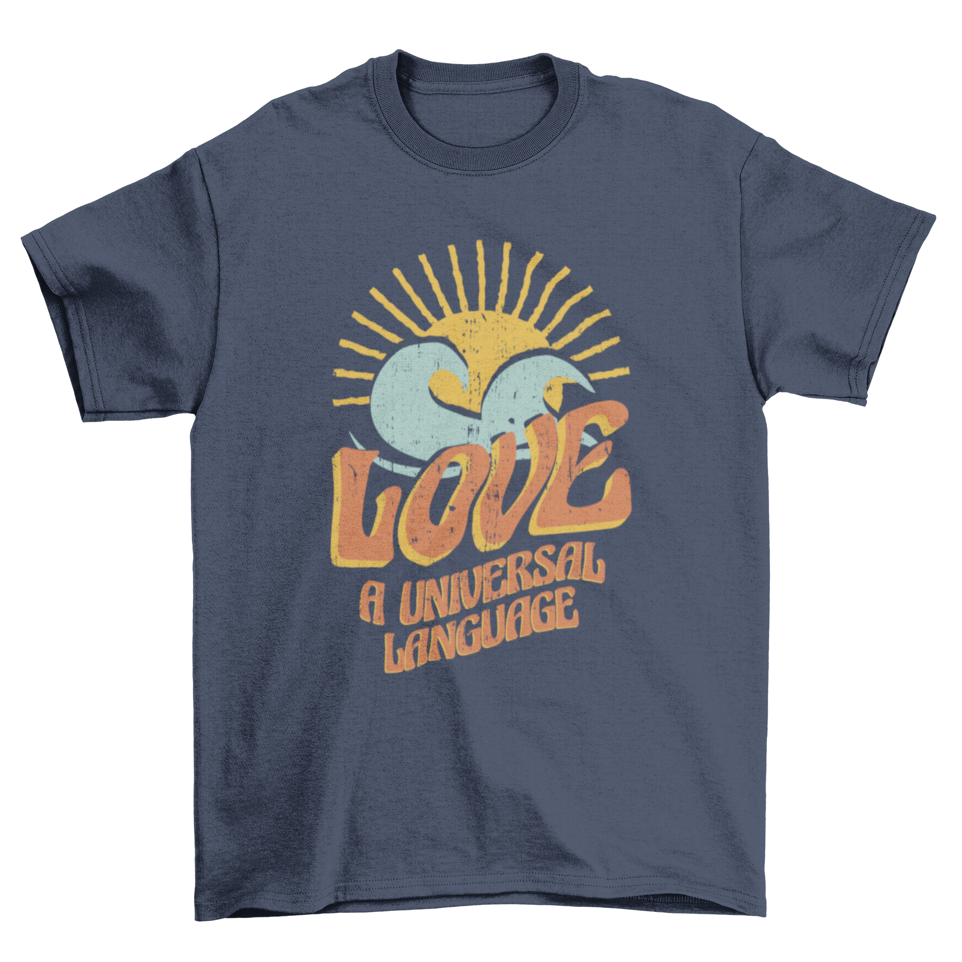 Universal Language T-Shirt featuring retro wavy lettering with the quote 'Love, a universal language' in vibrant colors.