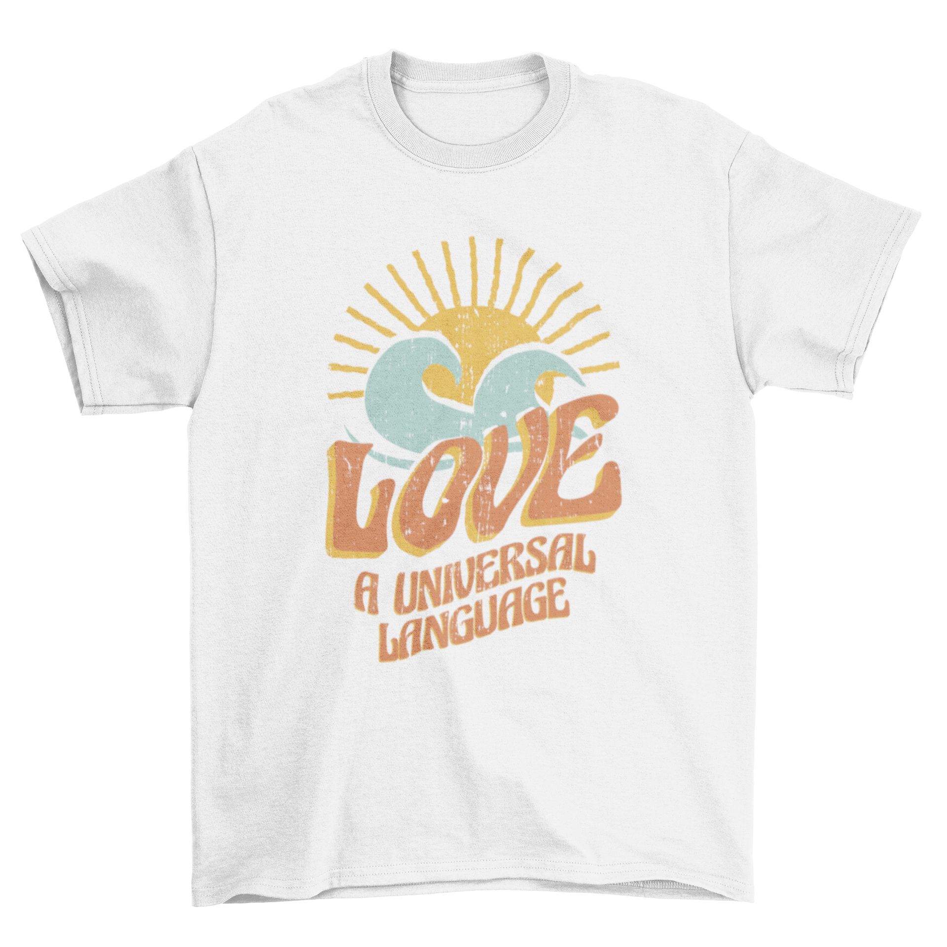 Universal Language T-Shirt featuring retro wavy lettering with the quote 'Love, a universal language' in vibrant colors.