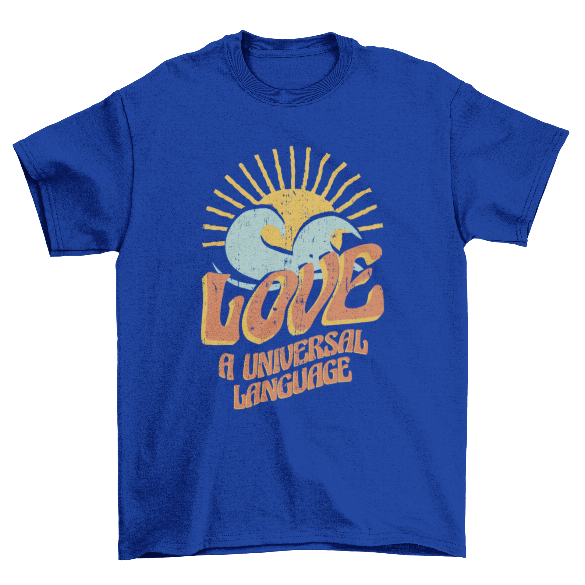 Universal Language T-Shirt featuring retro wavy lettering with the quote 'Love, a universal language' in vibrant colors.