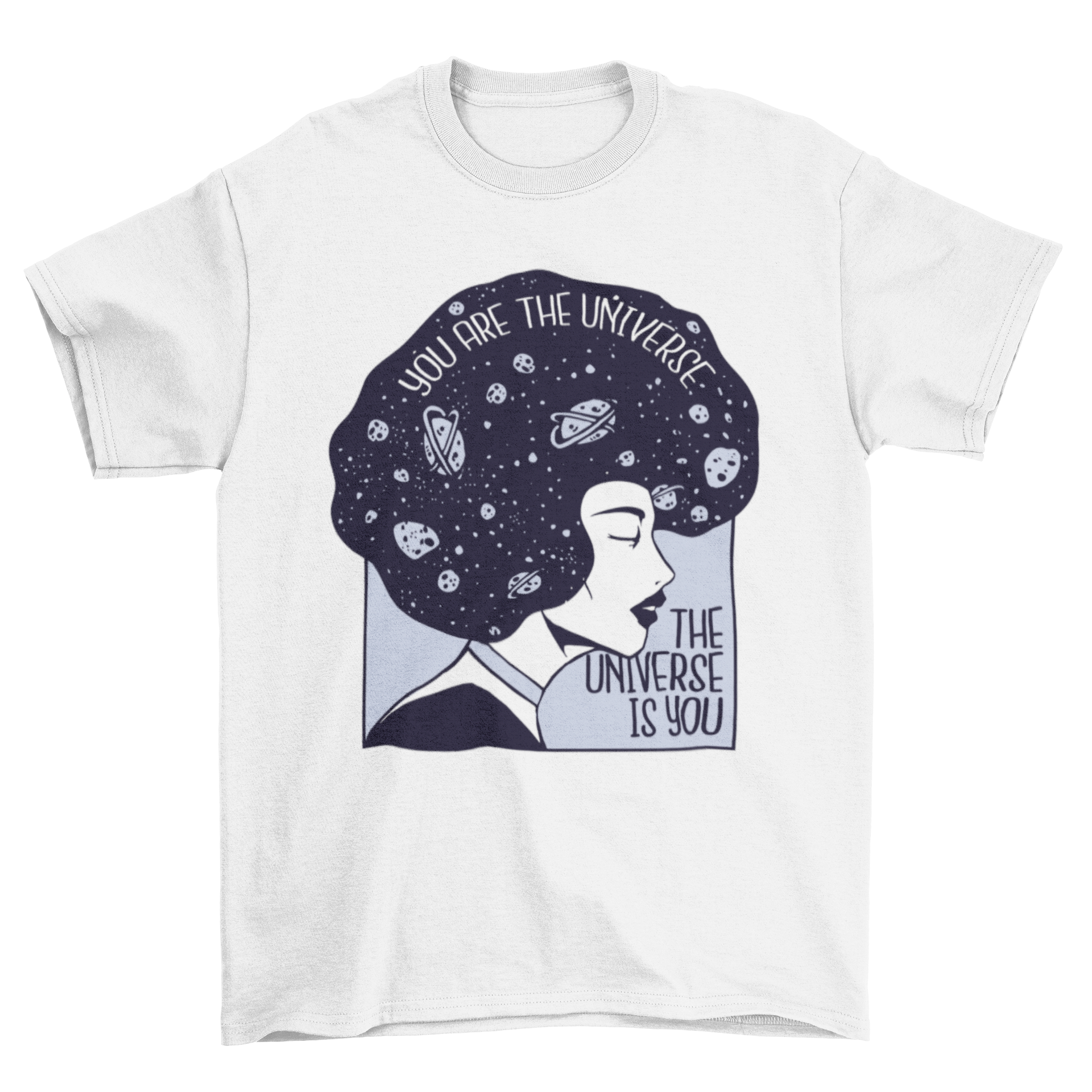 A stylish t-shirt featuring a woman with galaxy-themed hair and an inspiring quote about the universe.