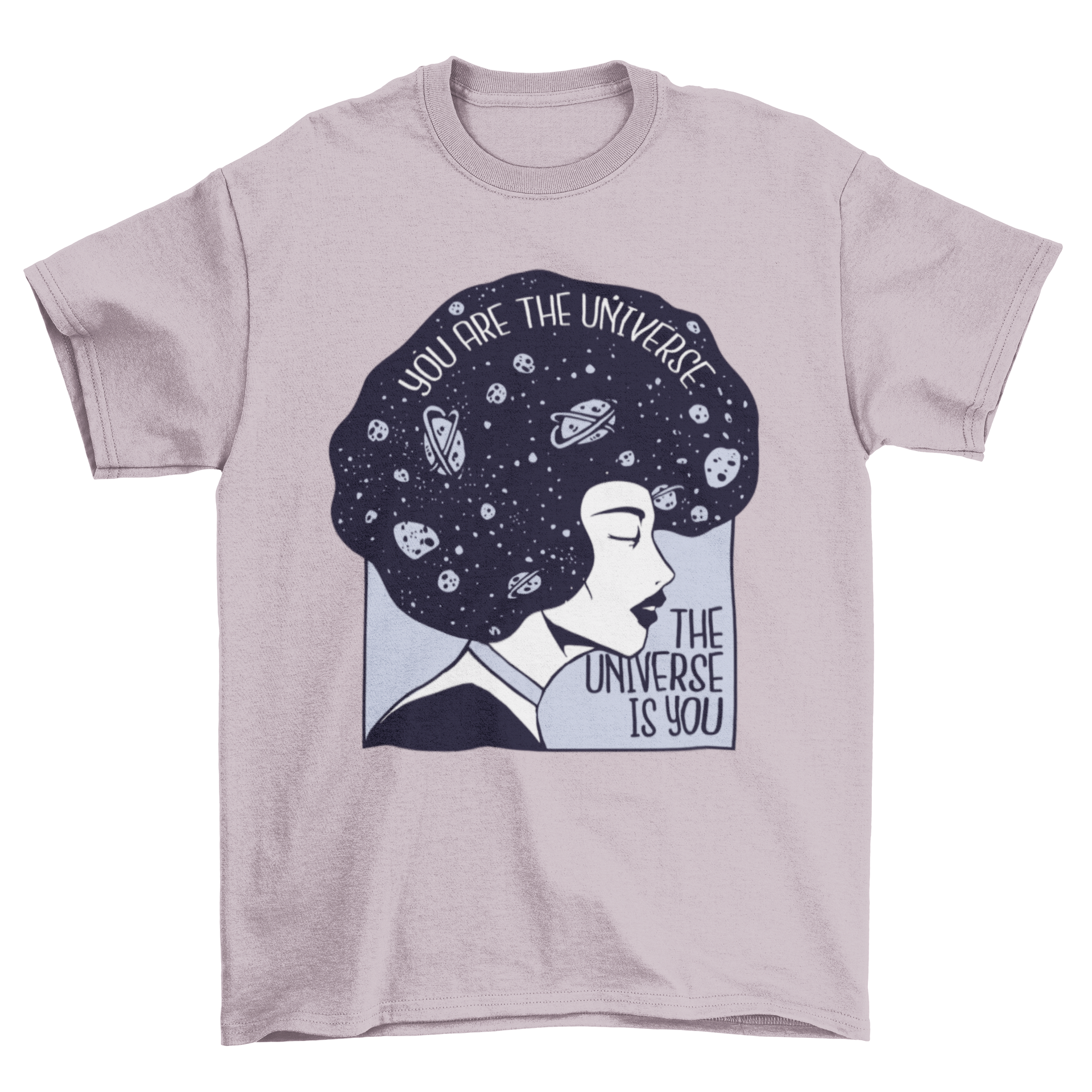 A stylish t-shirt featuring a woman with galaxy-themed hair and an inspiring quote about the universe.