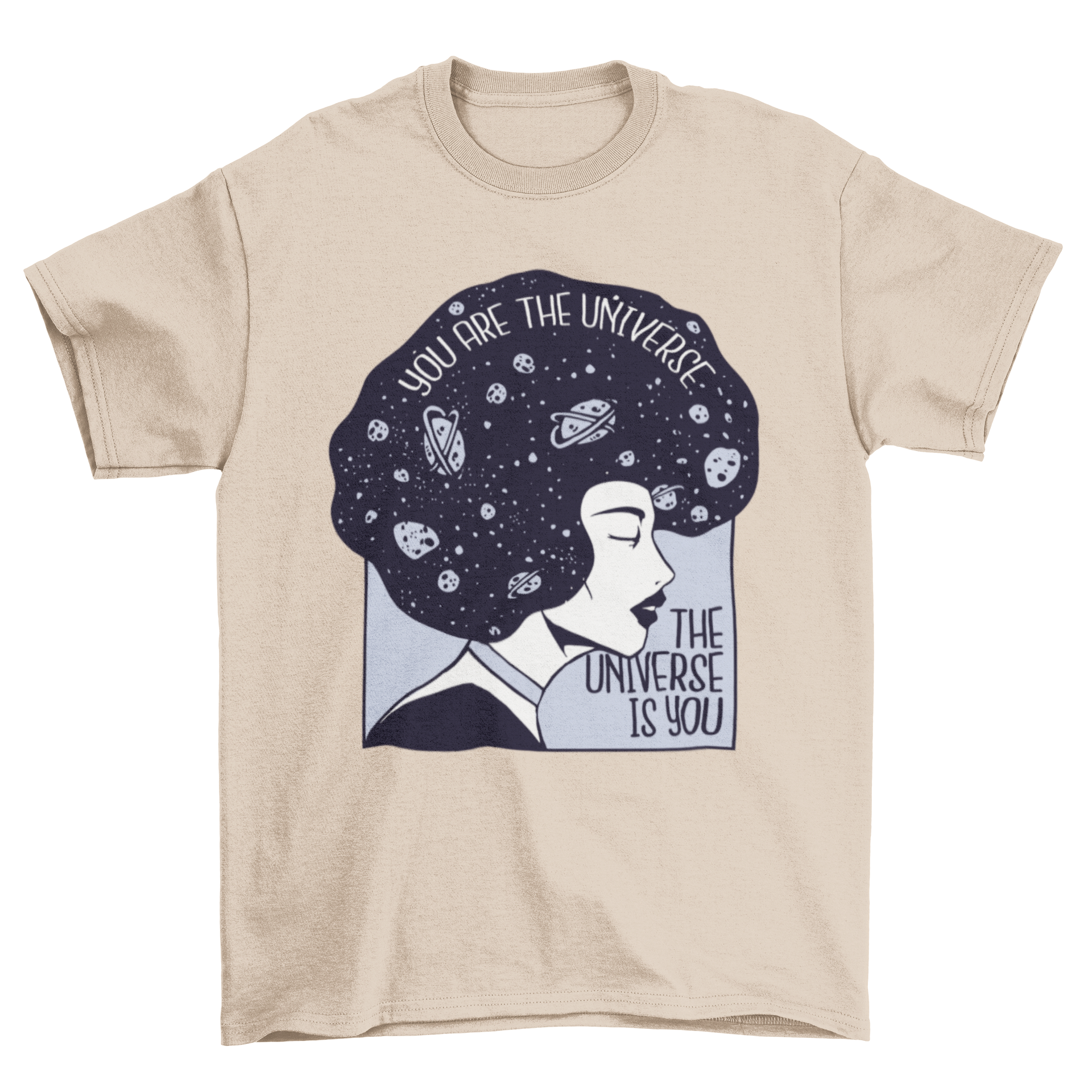 A stylish t-shirt featuring a woman with galaxy-themed hair and an inspiring quote about the universe.