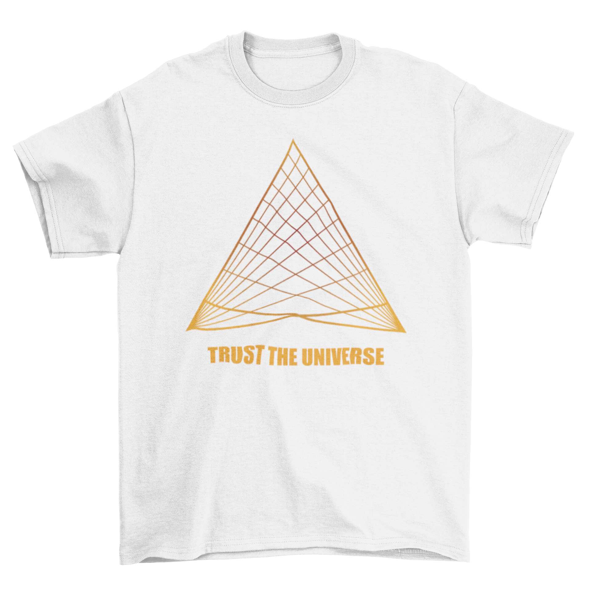 Universe Triangle T-Shirt featuring sacred geometry design and 'Trust the Universe' text.