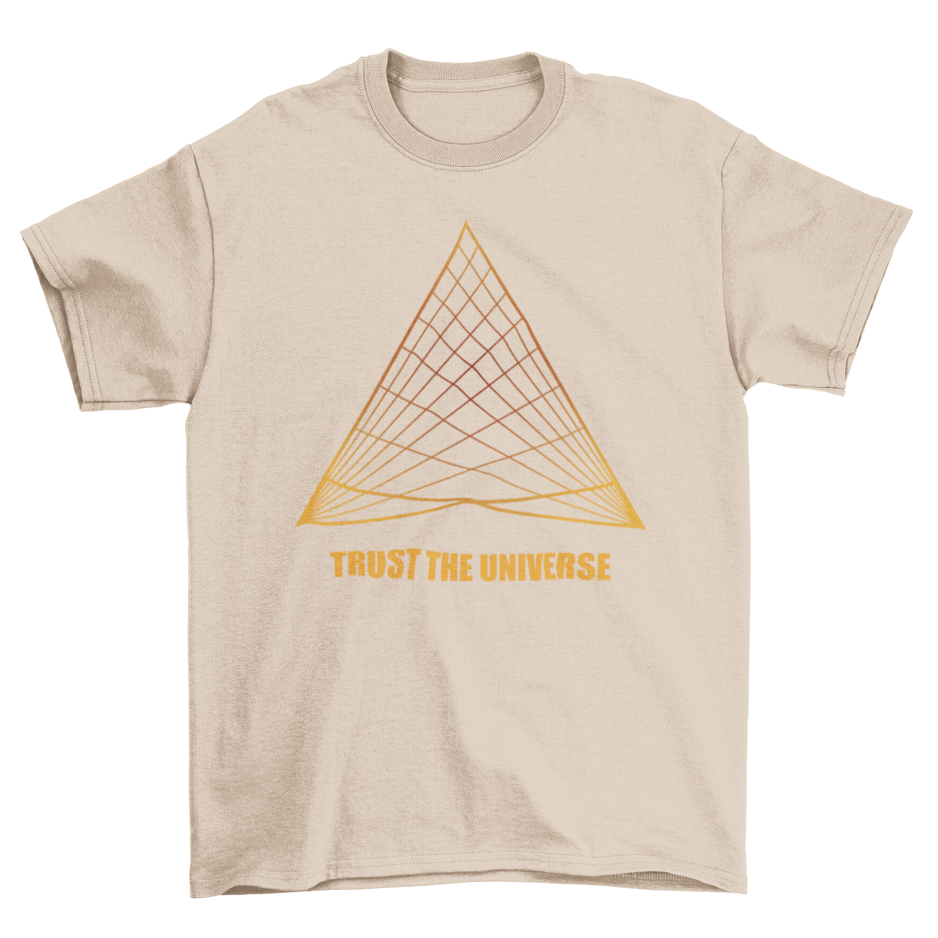 Universe Triangle T-Shirt featuring sacred geometry design and 'Trust the Universe' text.