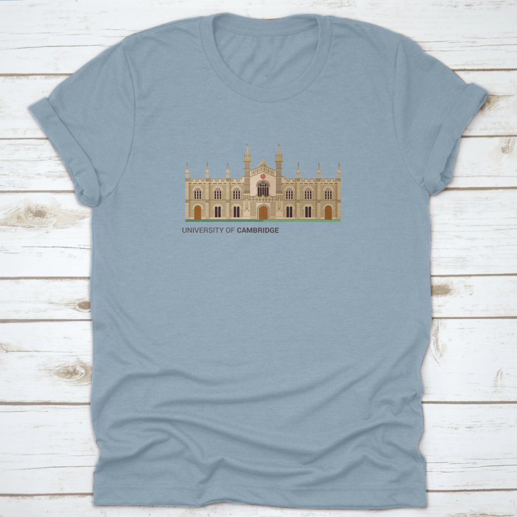 A trendy t-shirt featuring a flat vector illustration of the University Of Cambridge, made from 100% cotton for comfort.