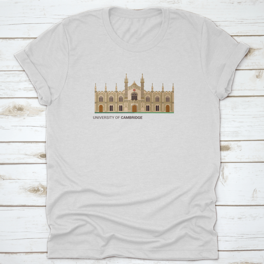 A trendy t-shirt featuring a flat vector illustration of the University Of Cambridge, made from 100% cotton for comfort.