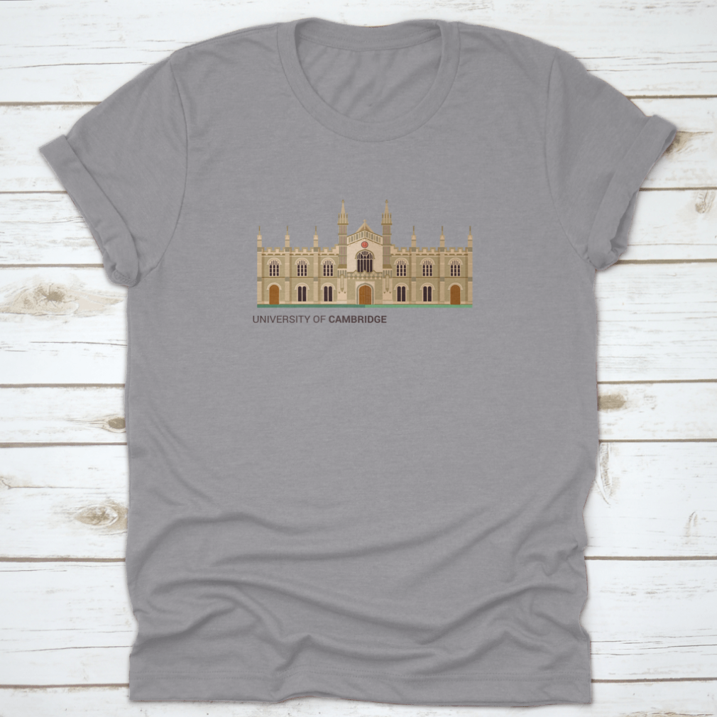 A trendy t-shirt featuring a flat vector illustration of the University Of Cambridge, made from 100% cotton for comfort.