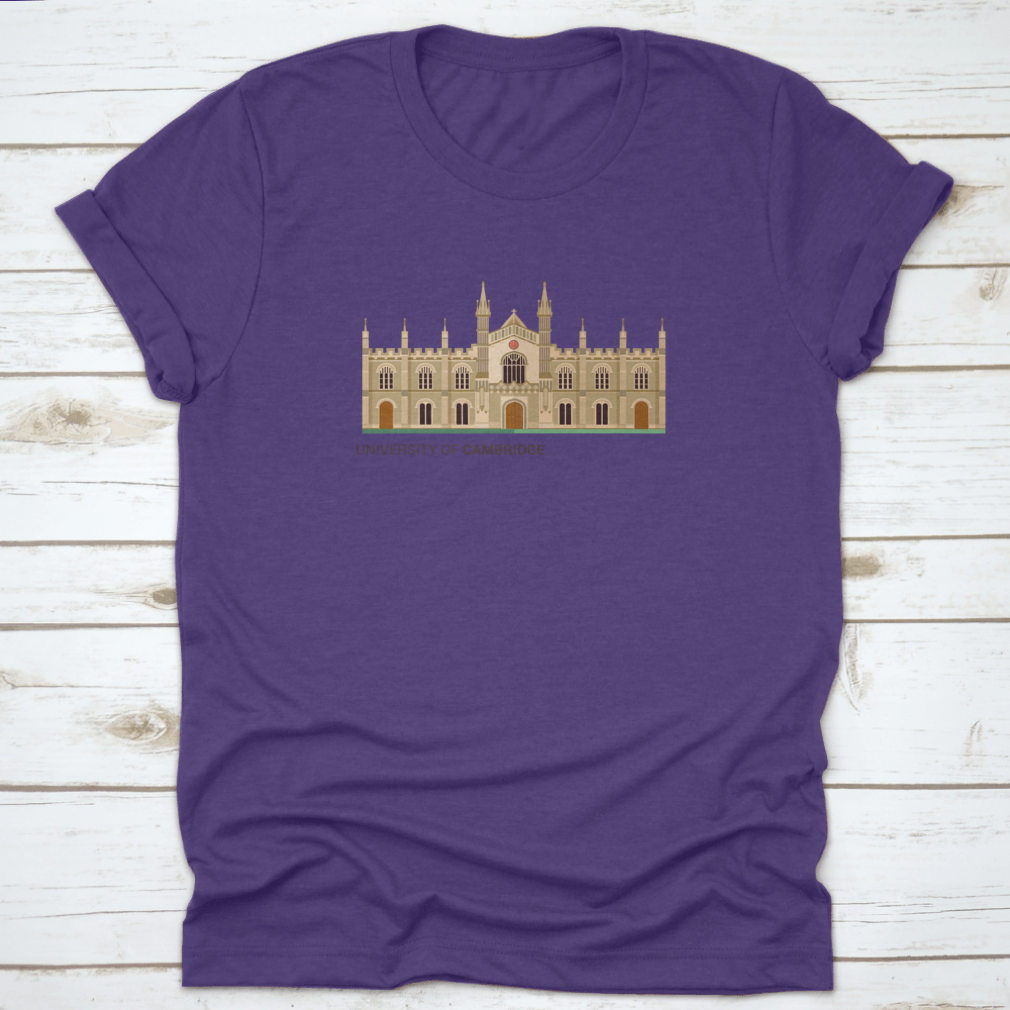 A trendy t-shirt featuring a flat vector illustration of the University Of Cambridge, made from 100% cotton for comfort.